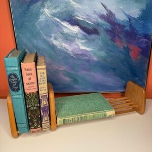 Vintage Wood Book Rack Bookshelf Sliding Divider Display Bookends MCM Adjustable
